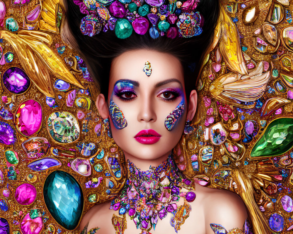 Vibrant gemstones and intricate jewelry on woman with bejeweled headdress