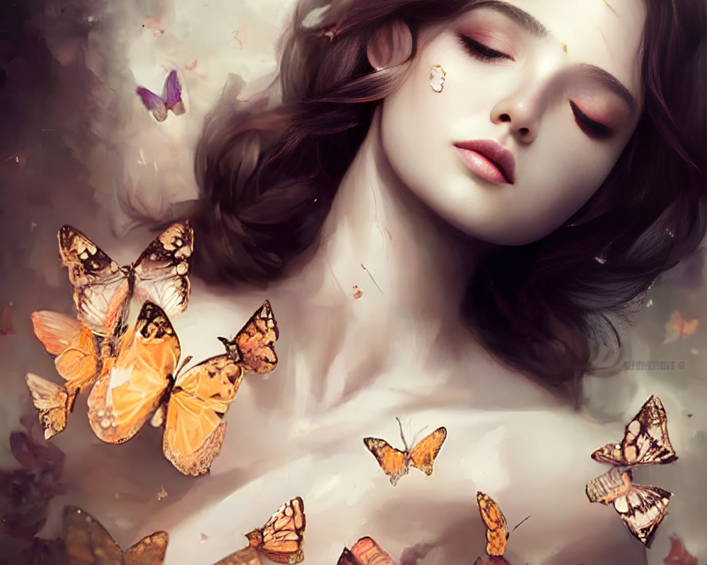 Illustration of woman with fluttering butterflies evoking dreamlike atmosphere