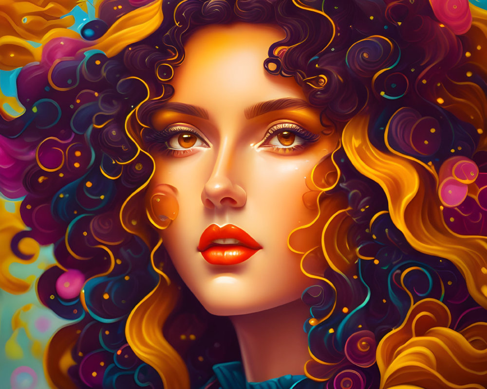 Colorful digital portrait of a woman with curly hair and dreamlike orbs.