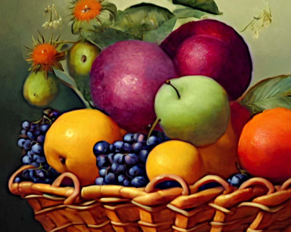 Classic Still Life Painting of Fruit Basket with Apples, Oranges, Grapes