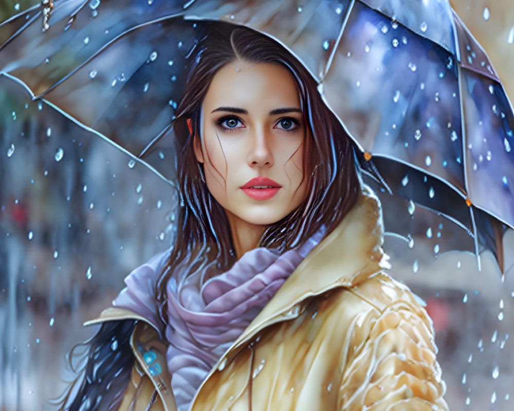 Woman with Dark Hair in Yellow Jacket and Purple Scarf Under Clear Umbrella in Rainfall