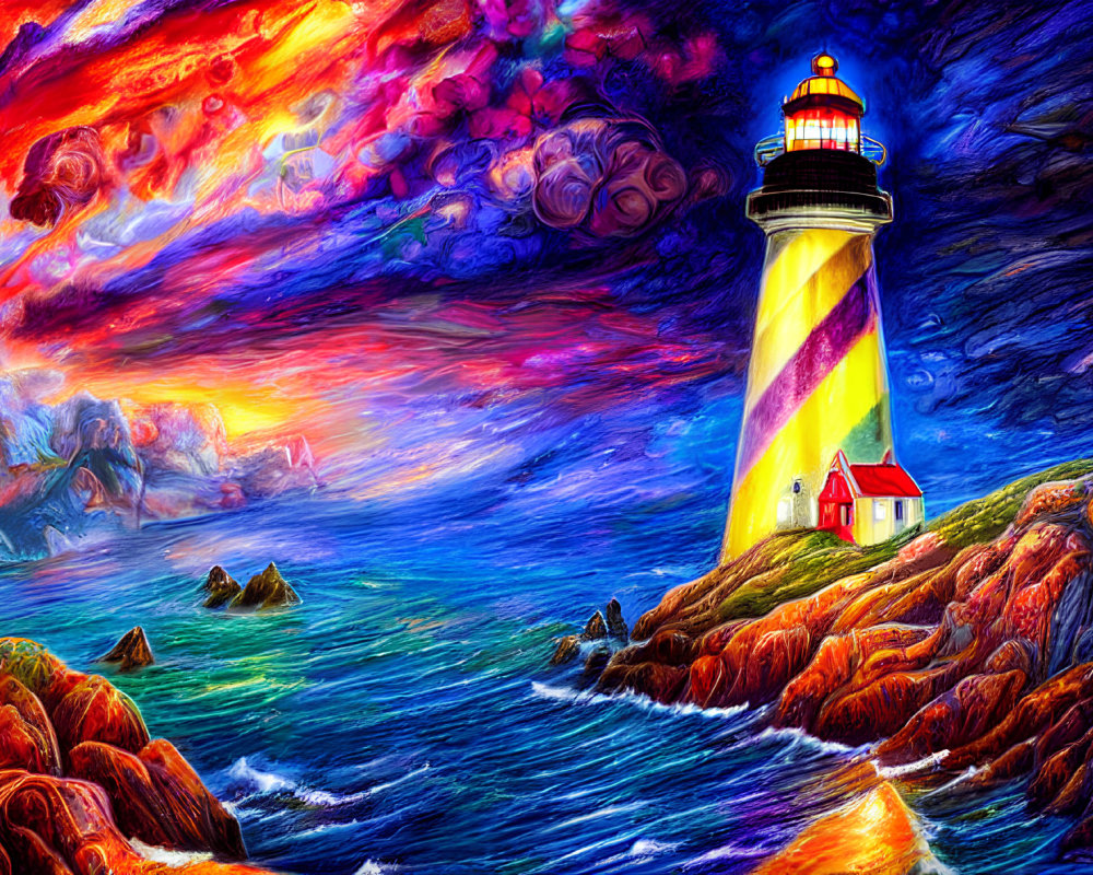 Colorful painting of lighthouse on rocky coast with bright light beam under dramatic sky