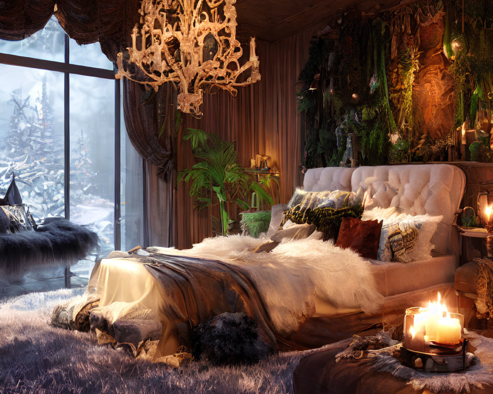 Winter-themed bedroom with plush bed, fur blankets, chandelier, candles, and snowy view.