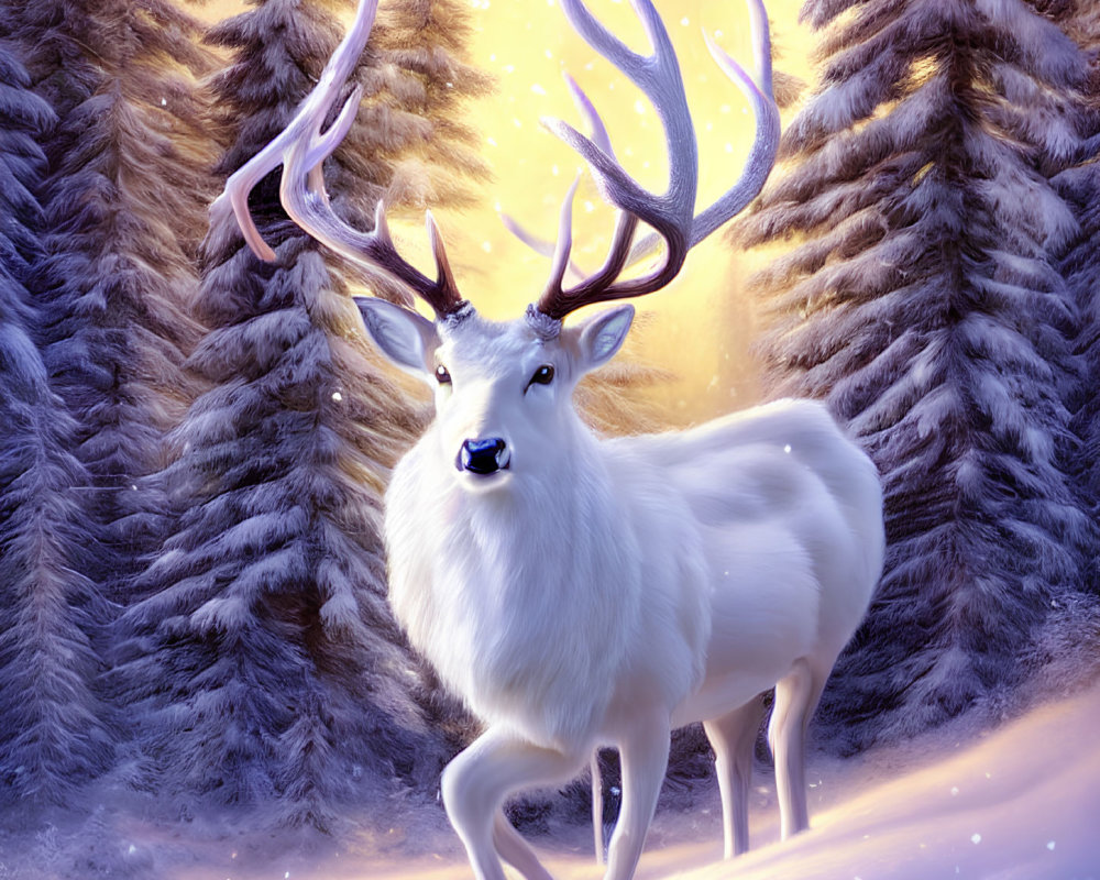 White stag with large antlers in snow-covered twilight forest