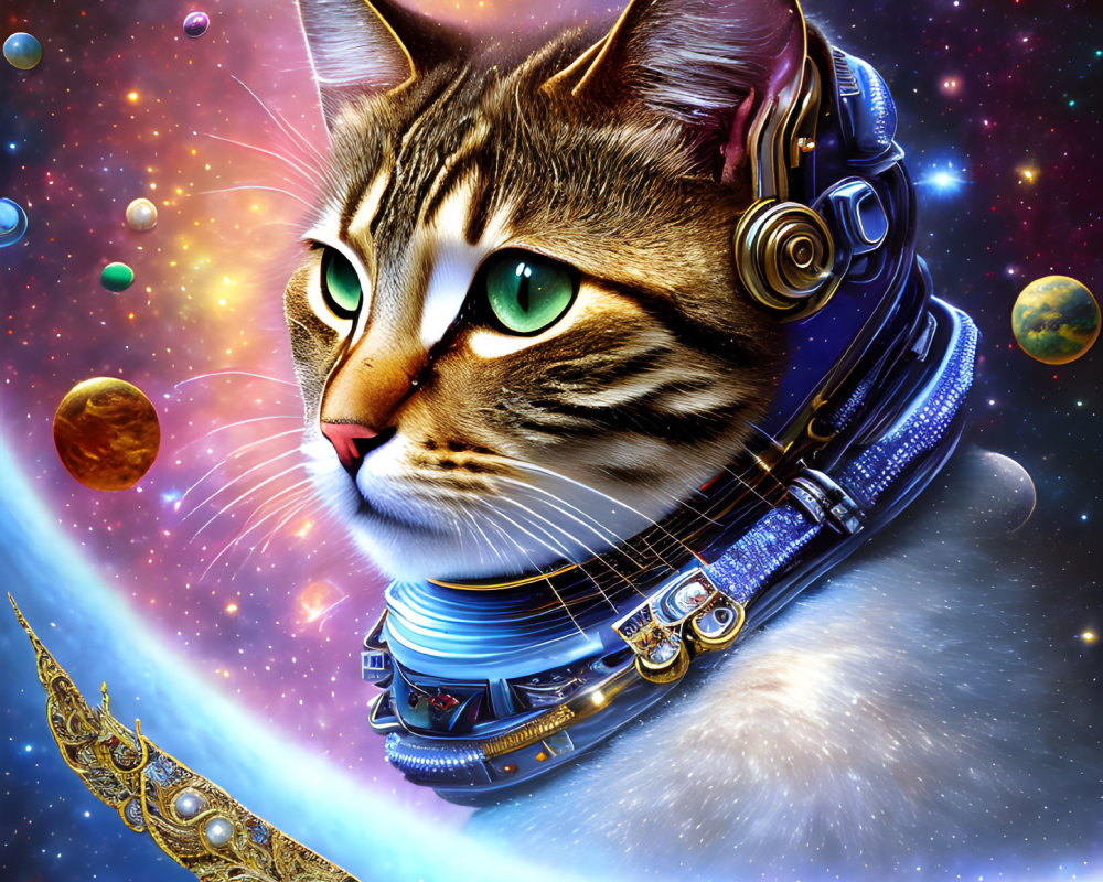 Cat with futuristic headset in cosmic setting