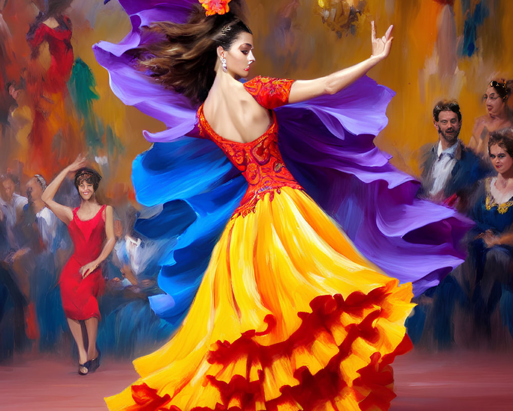 Vibrant yellow and red flamenco dancer with flowing purple train performs passionately