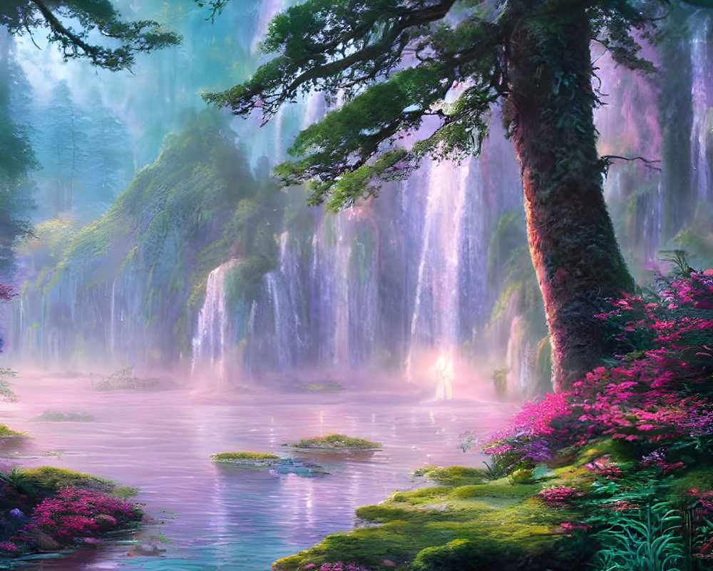 Tranquil landscape with misty waterfall, pink flowers, lush greenery
