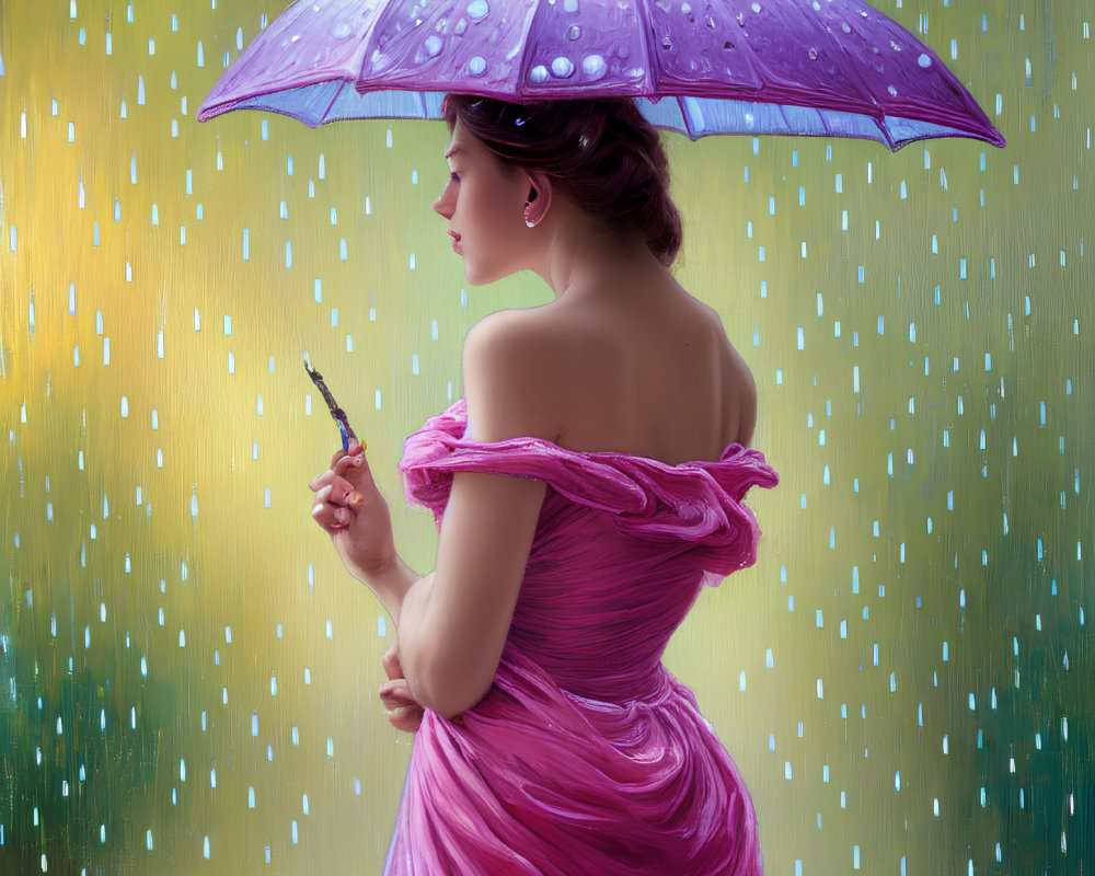 Woman in pink dress with purple umbrella in falling rain scene