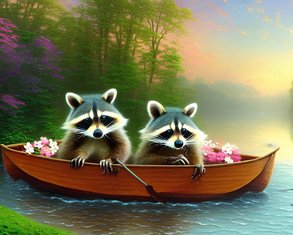 Two raccoons in boat surrounded by flowers on serene river with lush forest and misty sunlight