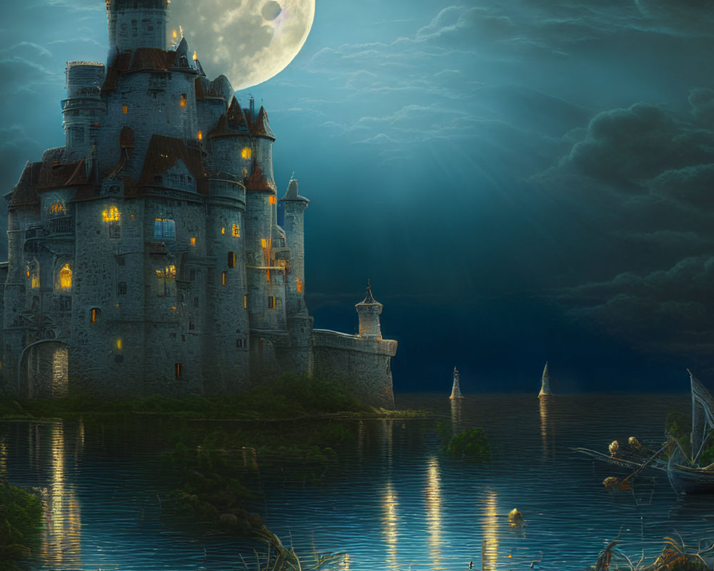 Moonlit castle by tranquil lake with glowing water lilies under dramatic night sky