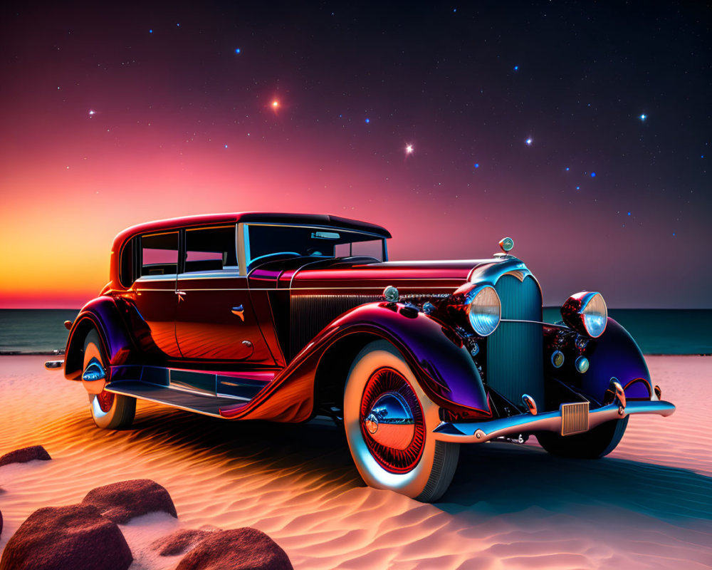 Vintage car with blue and orange accents on beach at sunset