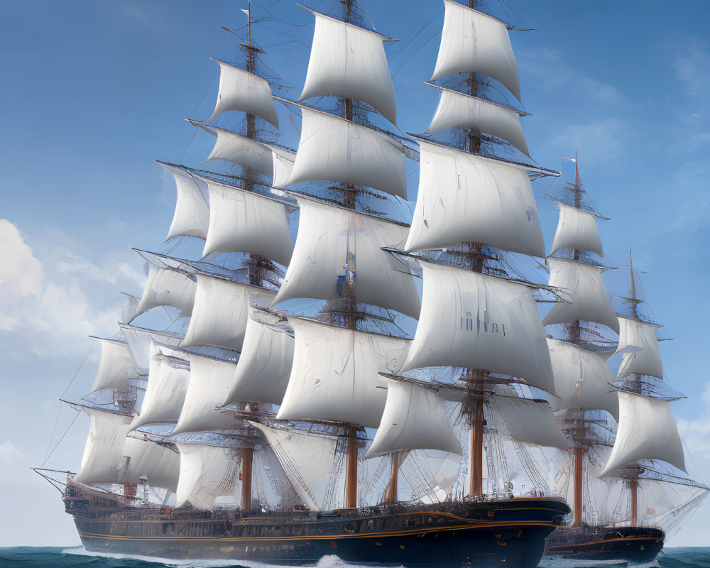 Majestic multi-masted sailing ship on ocean under cloudy sky