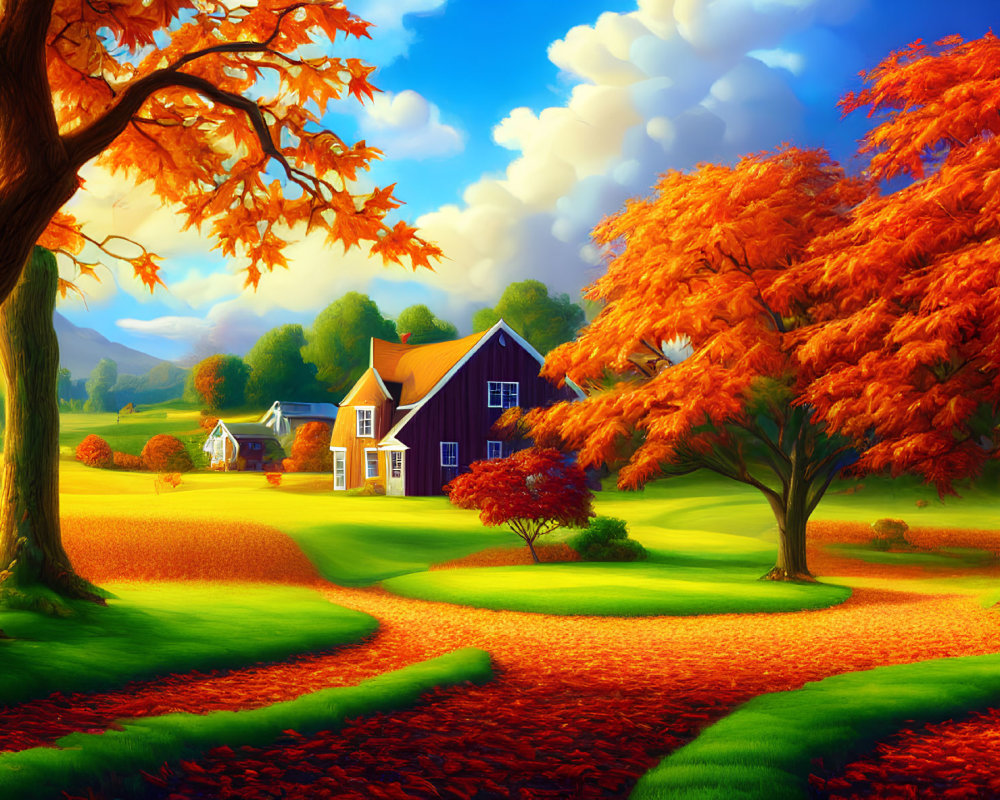 Scenic autumn landscape with orange trees, blue house, green fields, and fluffy clouds