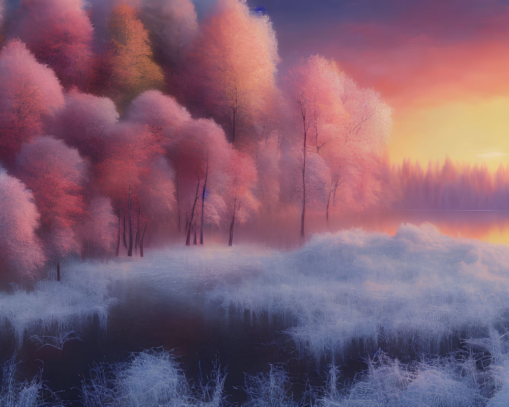 Colorful Autumn Forest with Frosted Ground and Reflective Lake at Sunrise or Sunset