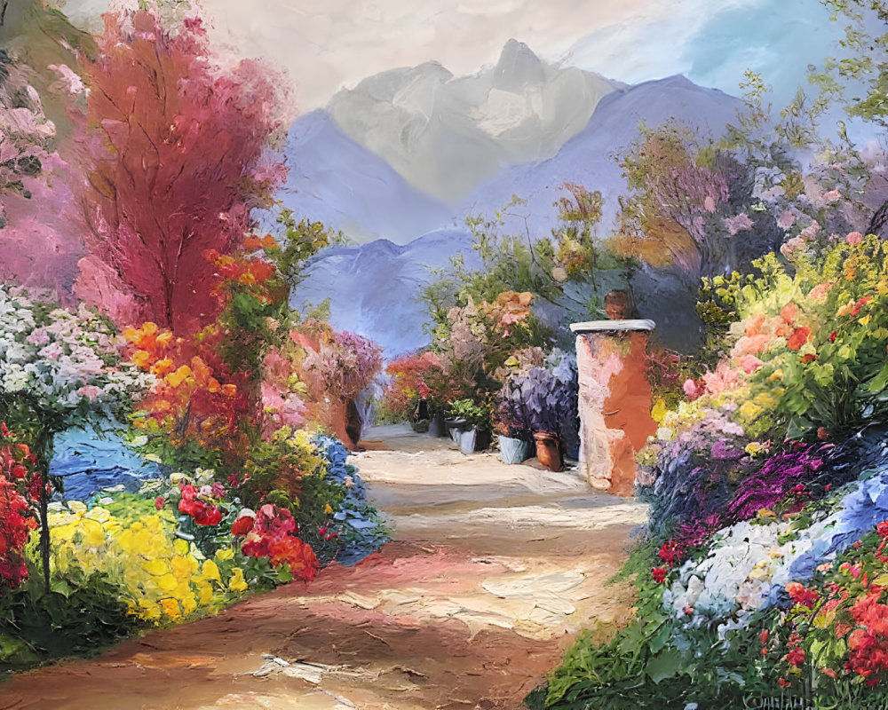 Vibrant garden path with blooming flowers and distant mountains under cloudy sky