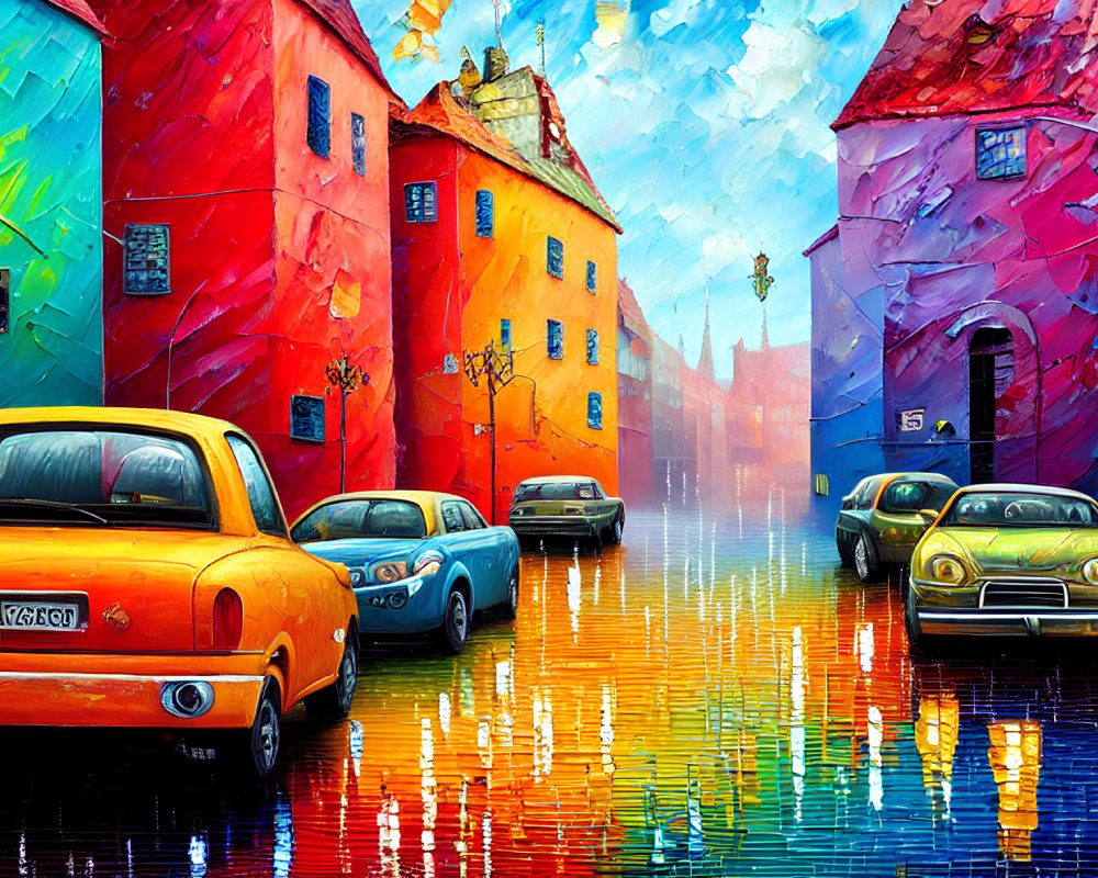 Colorful Painting of Rainy Street Scene with Reflective Surfaces