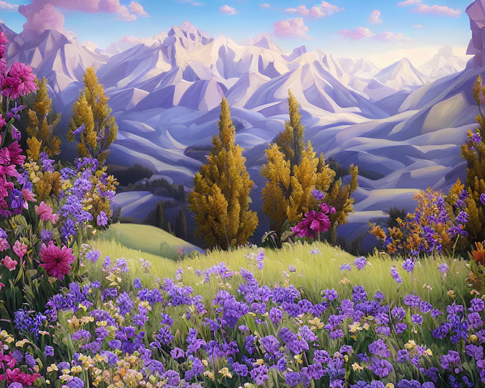 Scenic landscape with purple flowers, golden trees, and snow-capped mountains