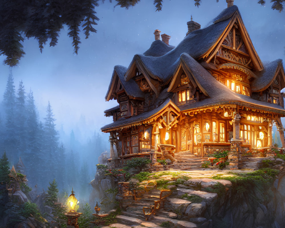 Cliffside cottage illuminated by glowing lights in foggy twilight