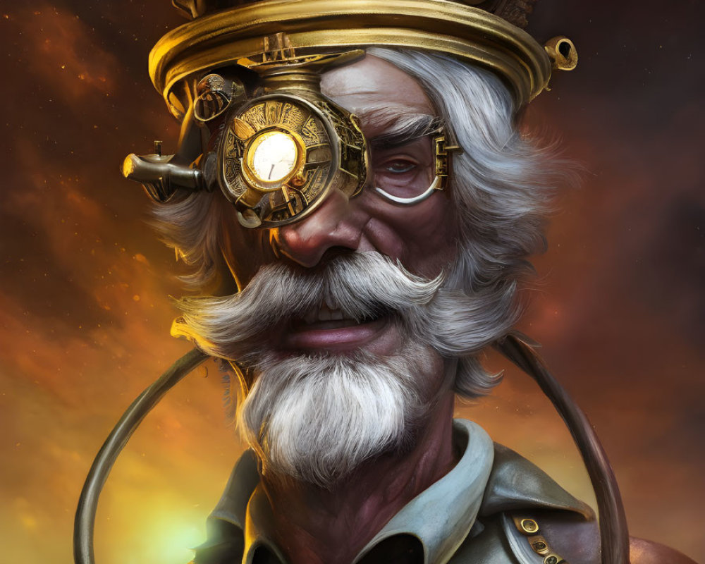 Elderly Man with White Mustache in Steampunk Attire against Orange Sky