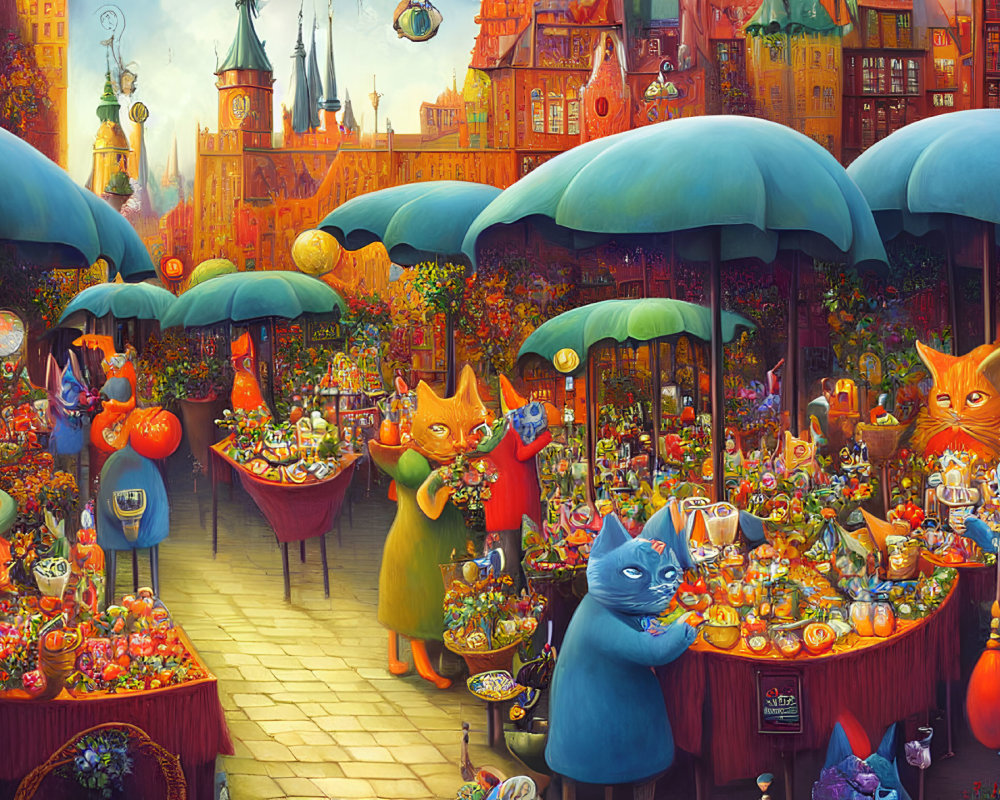 Colorful Market with Anthropomorphic Cats and Floating Islands
