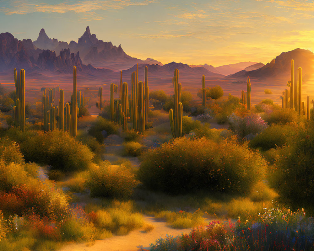 Sunset Desert Landscape with Cacti, Wildflowers, and Mountains