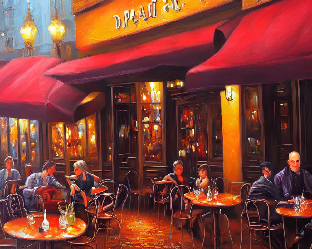 Twilight street café with red awnings and warm lights