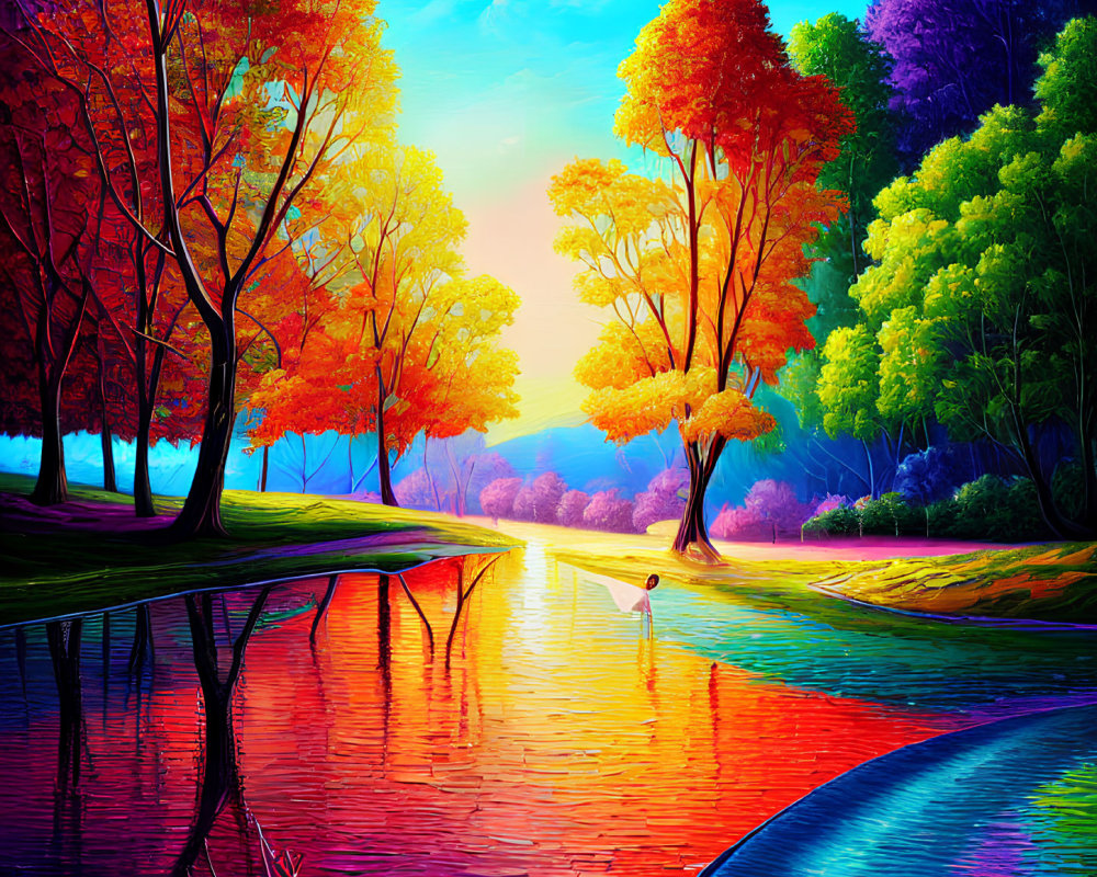 Scenic autumn lake digital artwork with vibrant colors