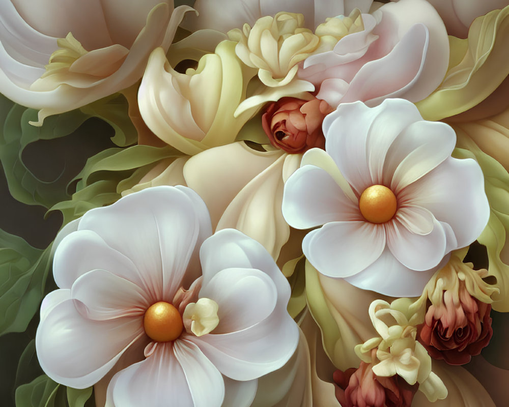 Detailed Illustration of White and Cream Flowers with Lush Green Foliage