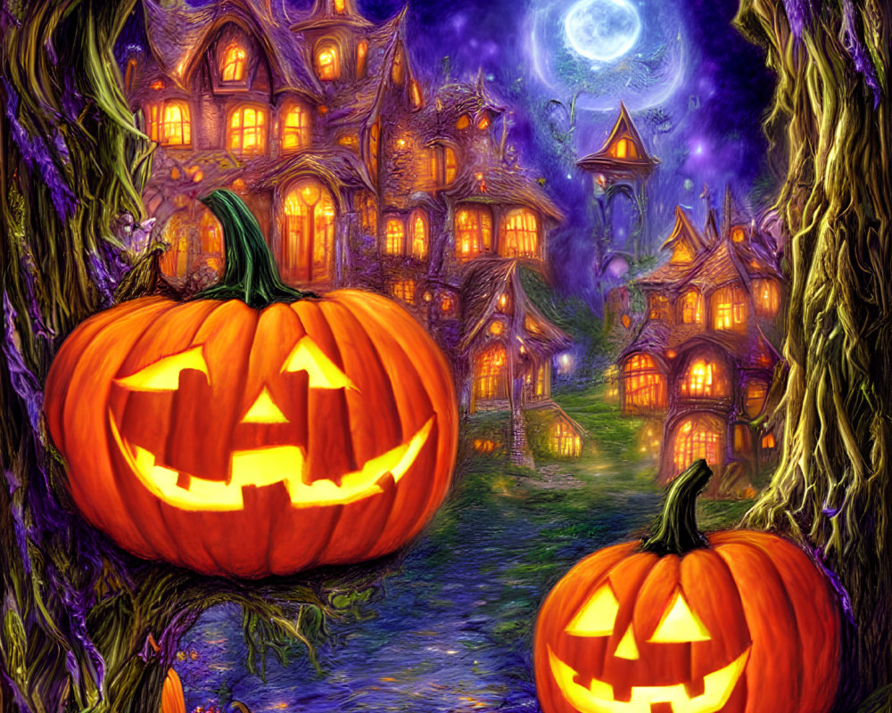 Vibrant Halloween scene with carved pumpkins, spooky houses, and twisted trees under a full moon