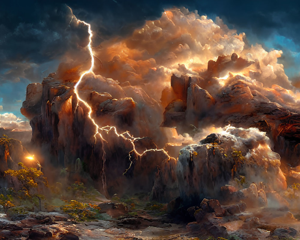 Dramatic landscape with towering rock formation and lightning strikes