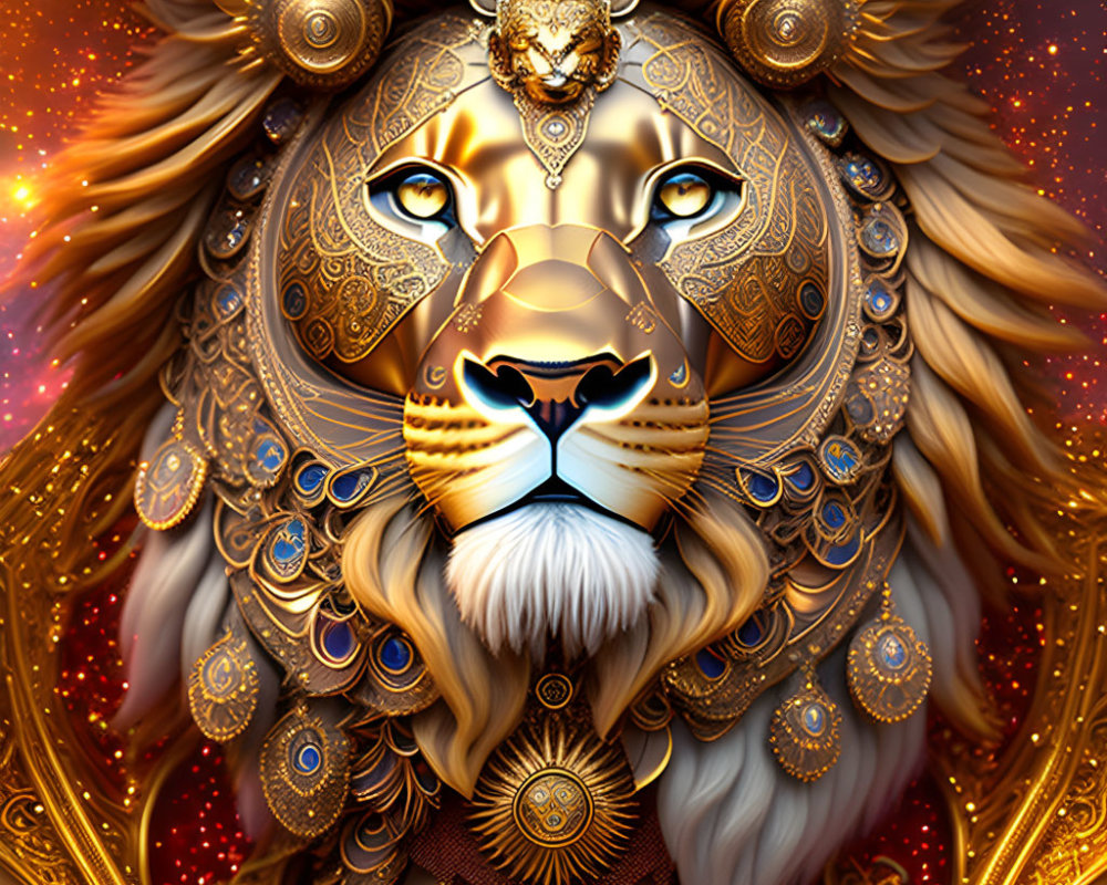 Majestic lion artwork with golden ornate patterns and jewelry