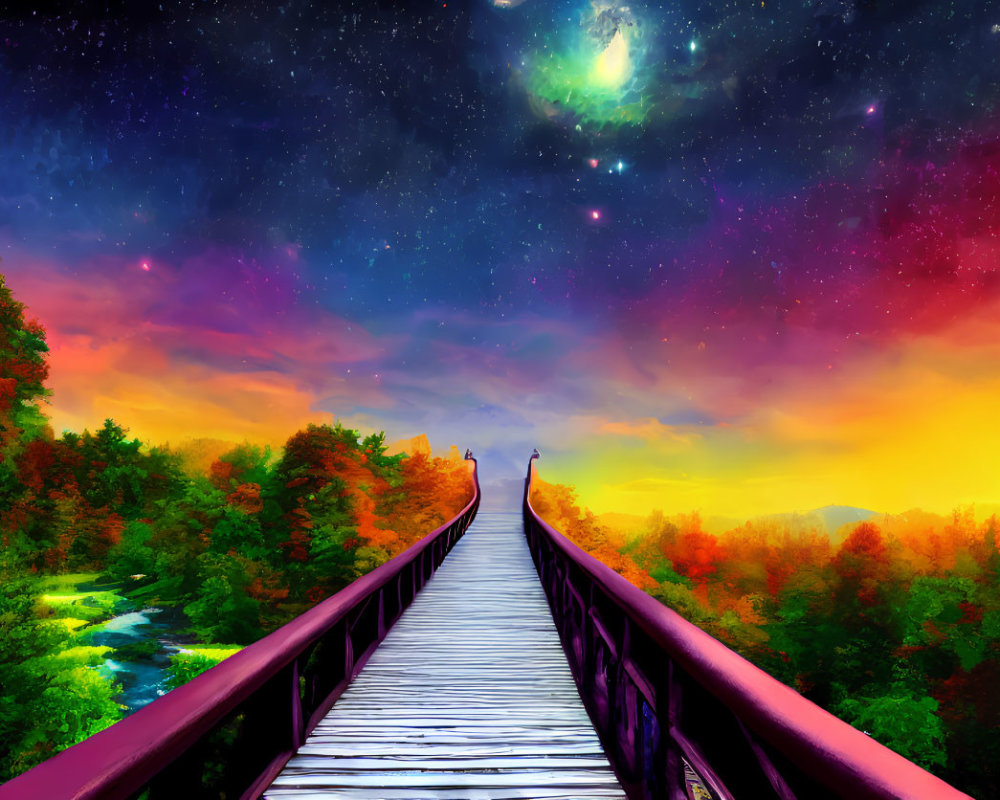 Colorful artwork: Wooden bridge, starry sky, nebula, shooting star