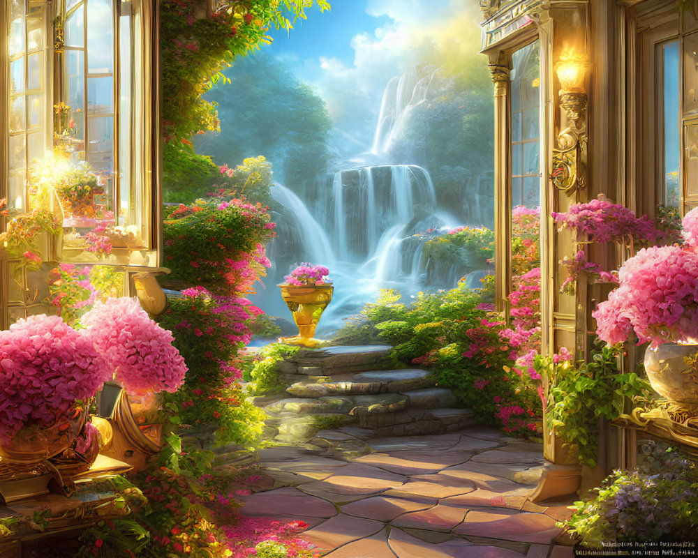 Lush Pink Flower Balcony Overlooking Waterfall in Forest