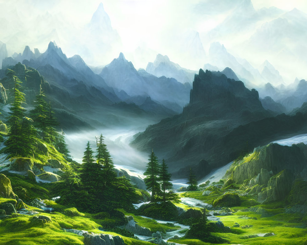 Misty river valley with lush greenery and towering mountains