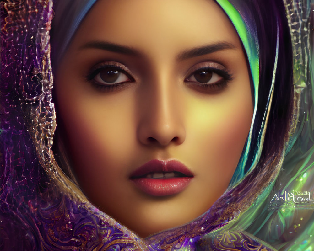 Detailed Digital Portrait of Woman with Colorful Scarf