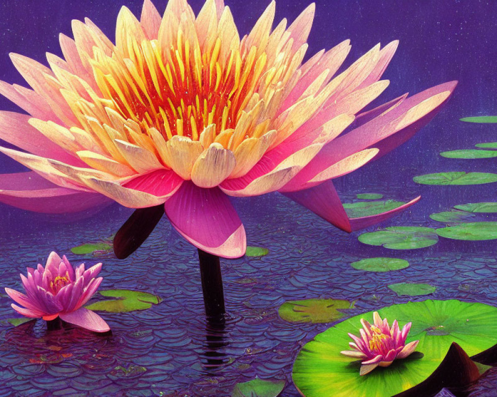 Colorful Water Lily Blooming on Purple Water Surface