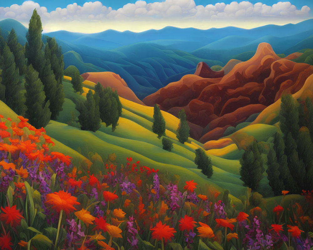 Colorful Landscape Painting: Rolling Hills, Wildflowers, Mountains