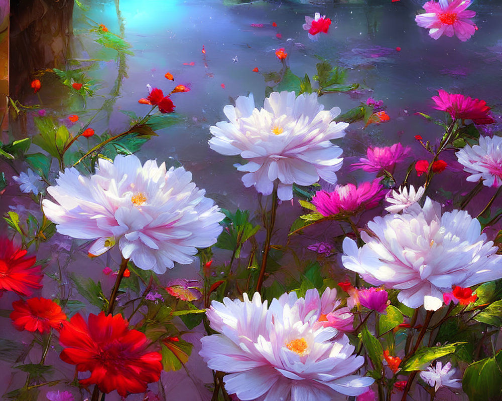 Colorful White and Red Flower Garden Scene with Soft Lighting