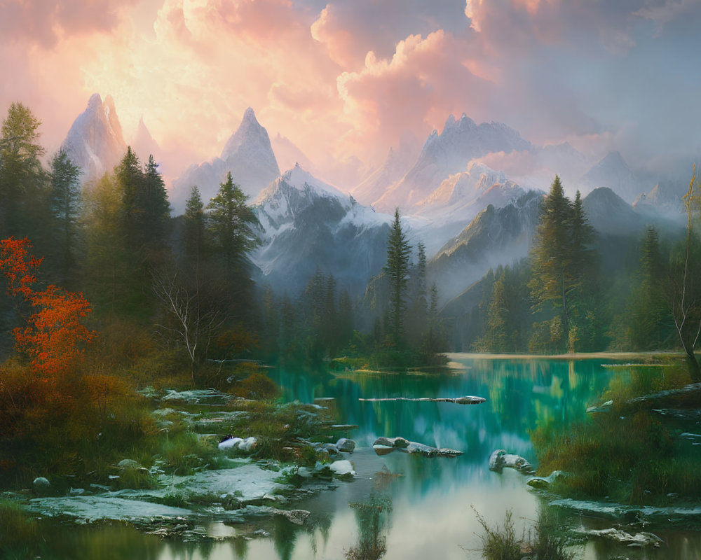 Tranquil mountain landscape at sunset with reflective lake, forests, and snow-capped peaks under pink