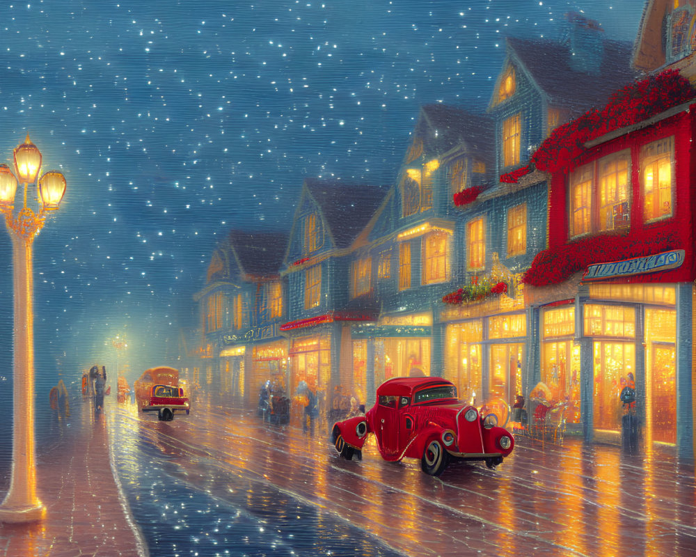 Vintage cars and snowfall in a nostalgic night street scene