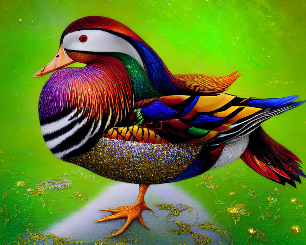 Colorful Mandarin Duck with Multicolored Feathers on Green Background