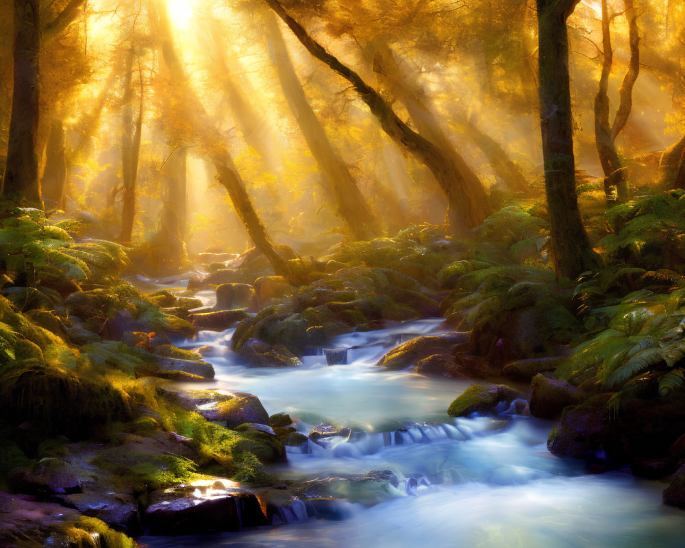 Sunlit mystical forest with meandering stream and moss-covered rocks