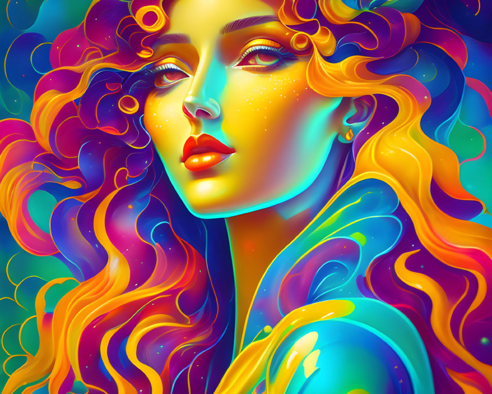 Colorful digital portrait of a woman with flowing curly hair in blue, orange, and yellow hues