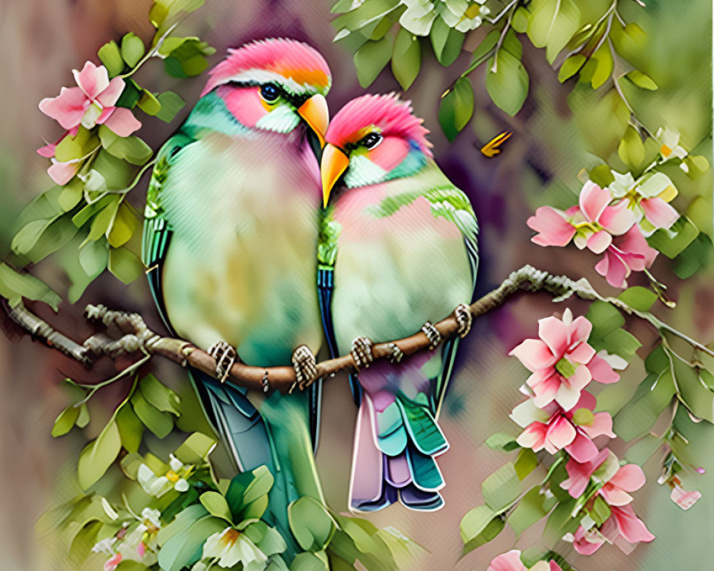 Colorful Birds Perched on Branch with Green Leaves and Pink Flowers