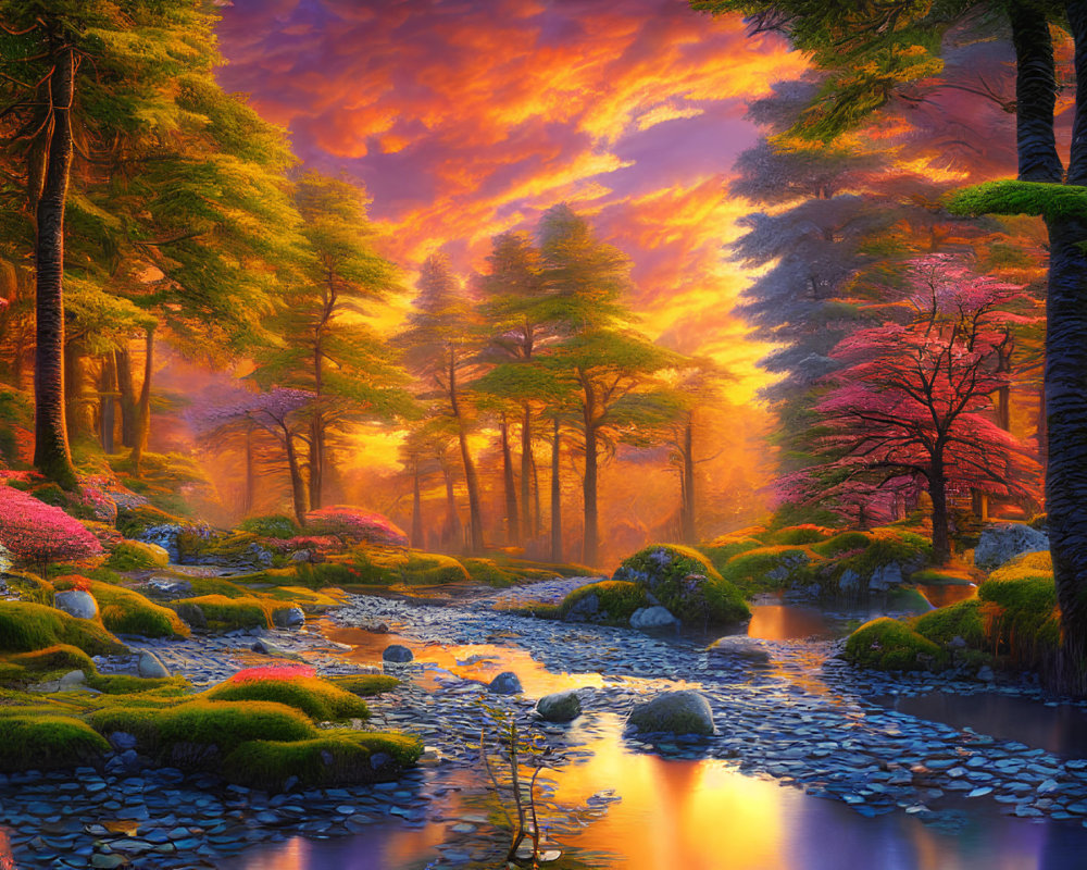 Colorful Forest Landscape with Stream and Orange Sky at Sunrise or Sunset