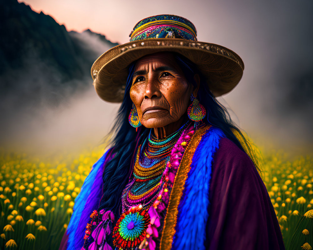 Indigenous woman in colorful attire among yellow flowers with misty mountain backdrop