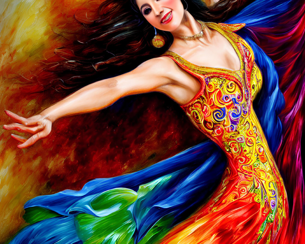 Colorful Painting of Woman Dancing with Dynamic Brush Strokes