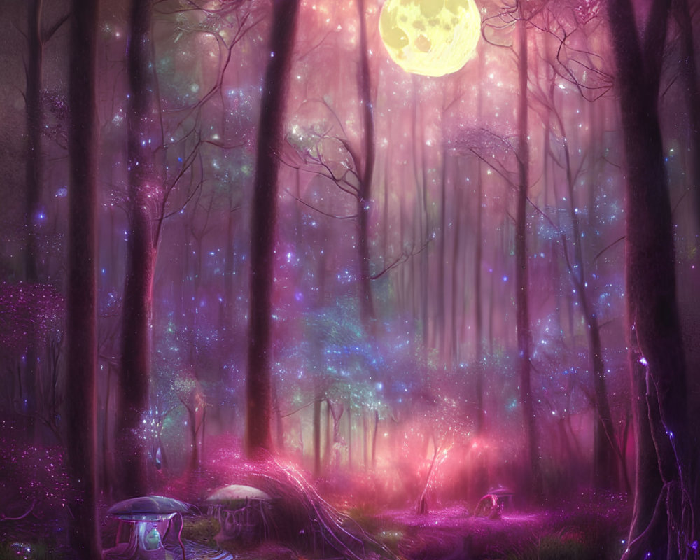 Enchanting full moon forest with luminescent flora and surreal colors