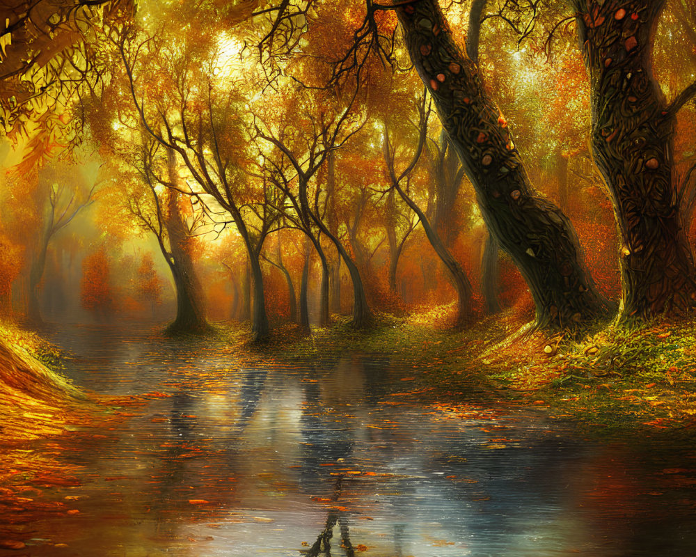 Tranquil Autumn Forest with River and Sunlight