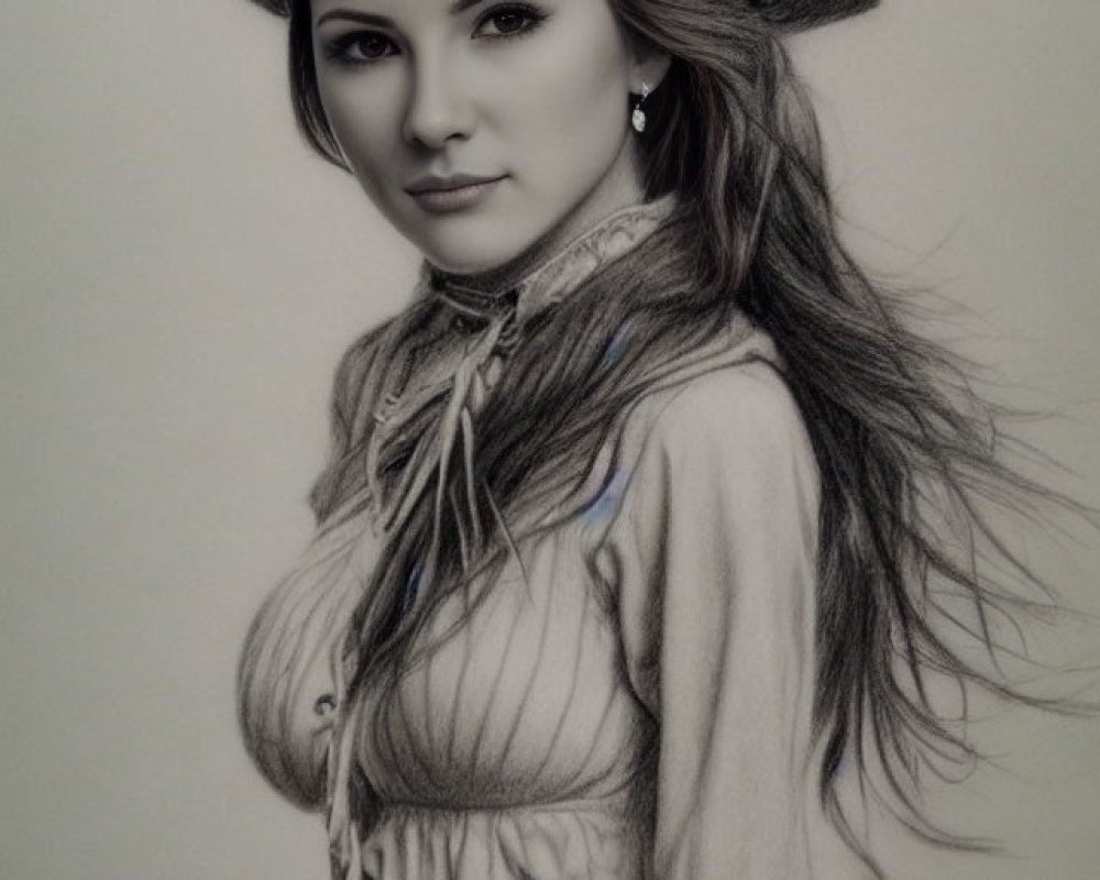 Woman in Cowboy Hat and Neckerchief Pencil Drawing